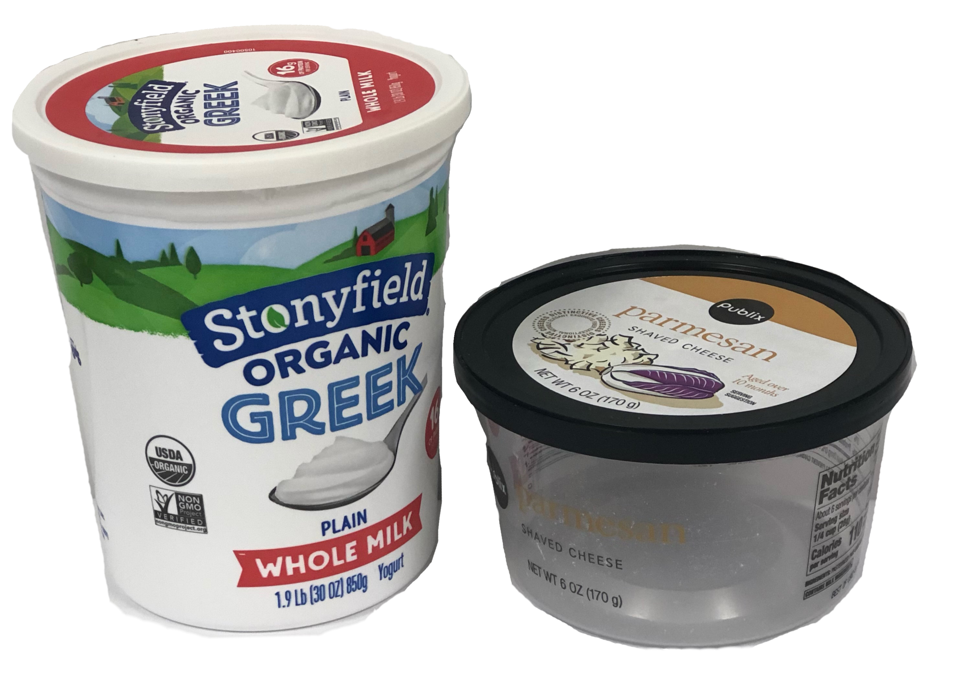 Empty yogurt container with lid and empty parmesan chese container with lid