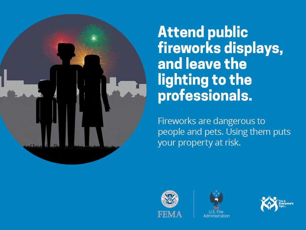 Illustration of a boy, man and woman watching fireworks with text: Attend public fireworks displays, and leave the lighting to the professionals. Fireworks are dangerous to people and pets. Using them puts your property at risk.