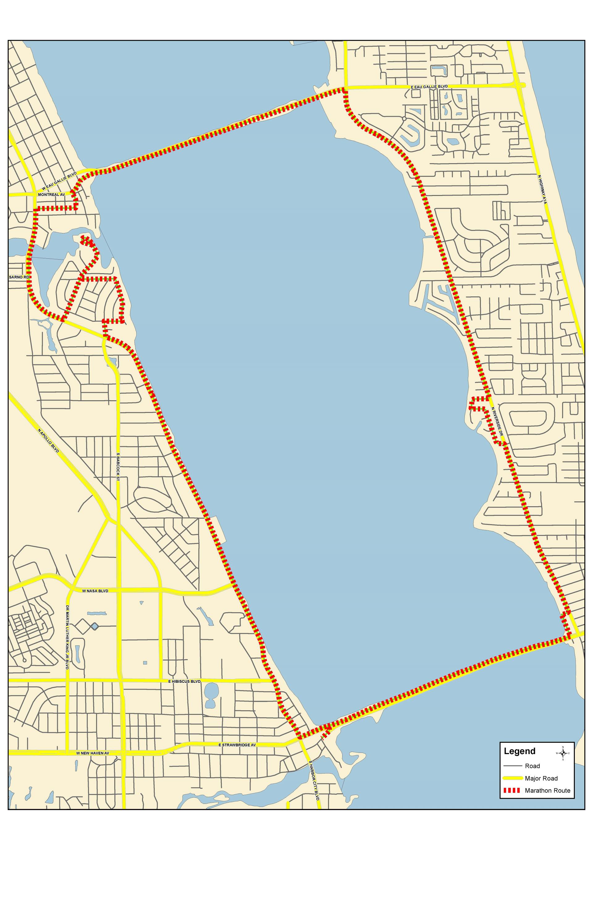 This is a map depicting lane closures for the Florida Marathon