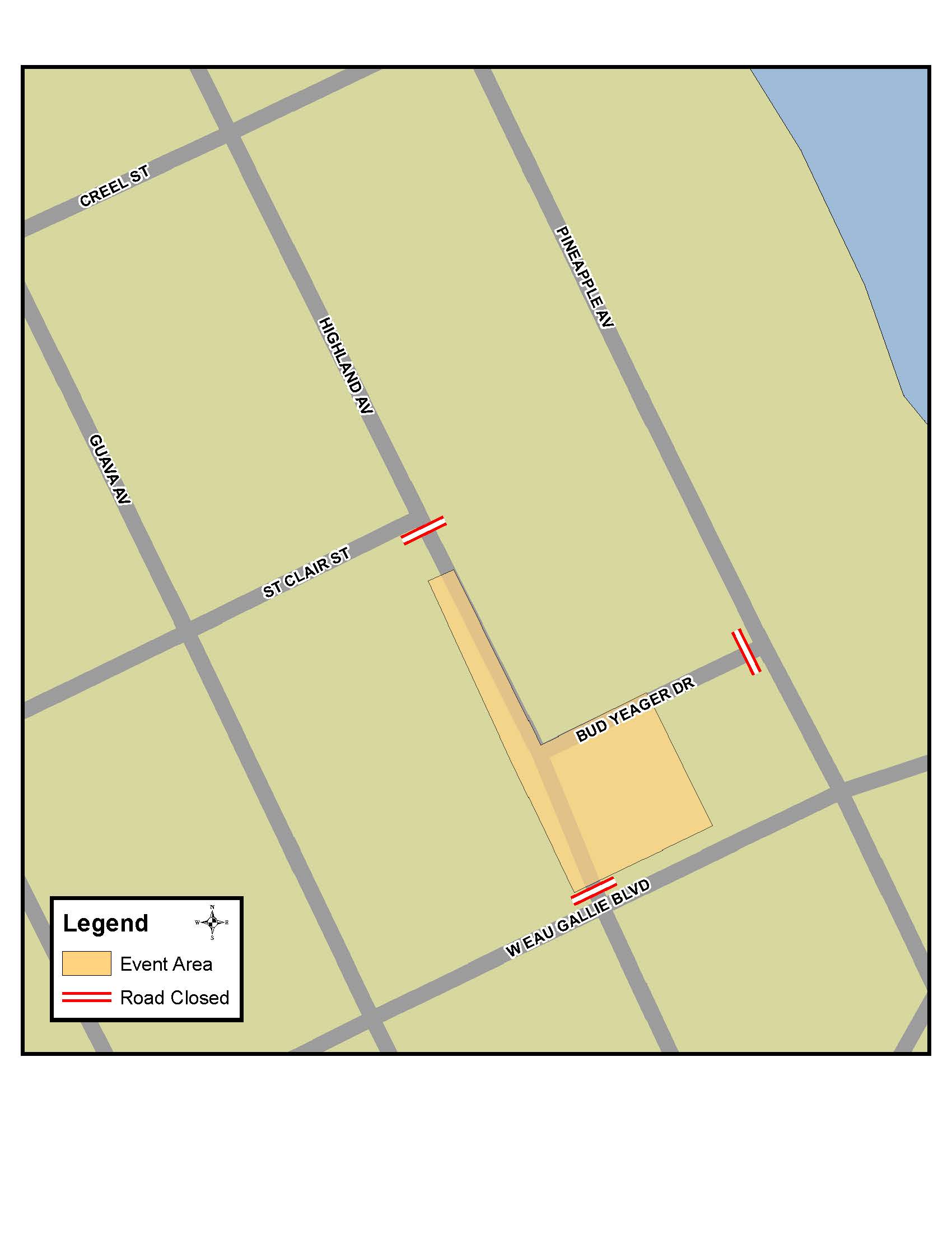 This is a map depicting the road closure for the EGAD Rocks Music and Market in the Park event