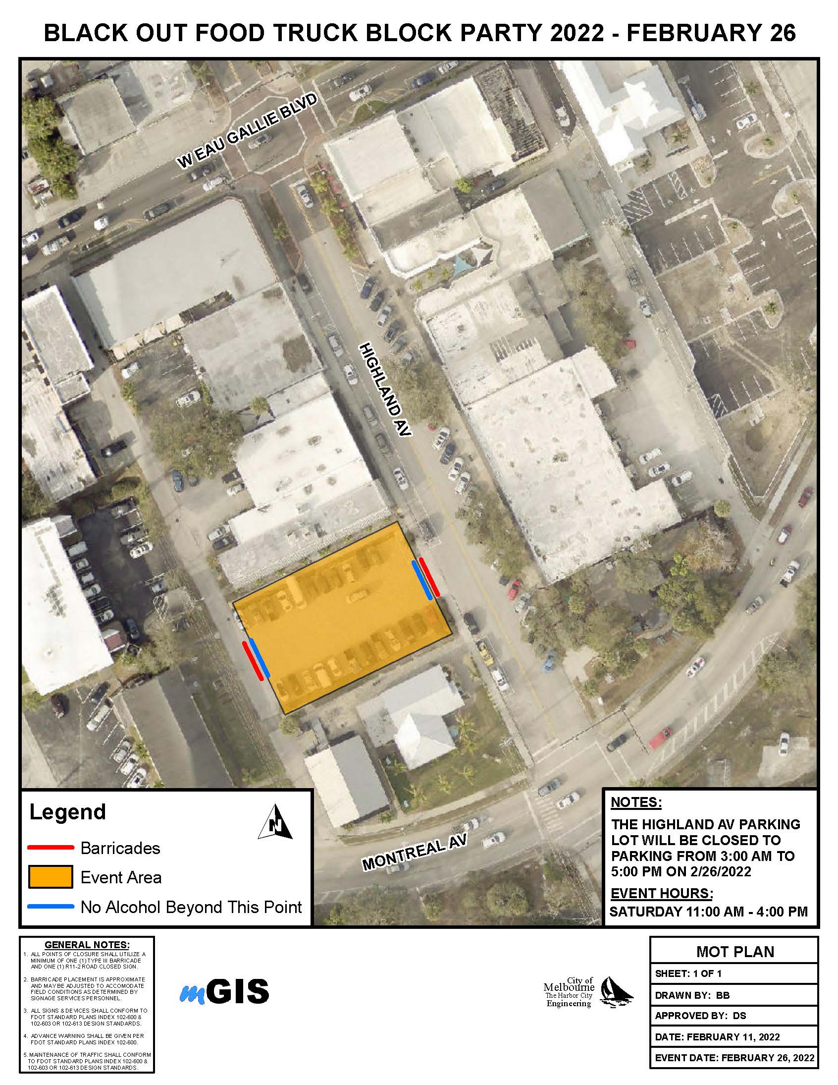 This is a map depicting the closure of the Highland Avenue City Parking Lot