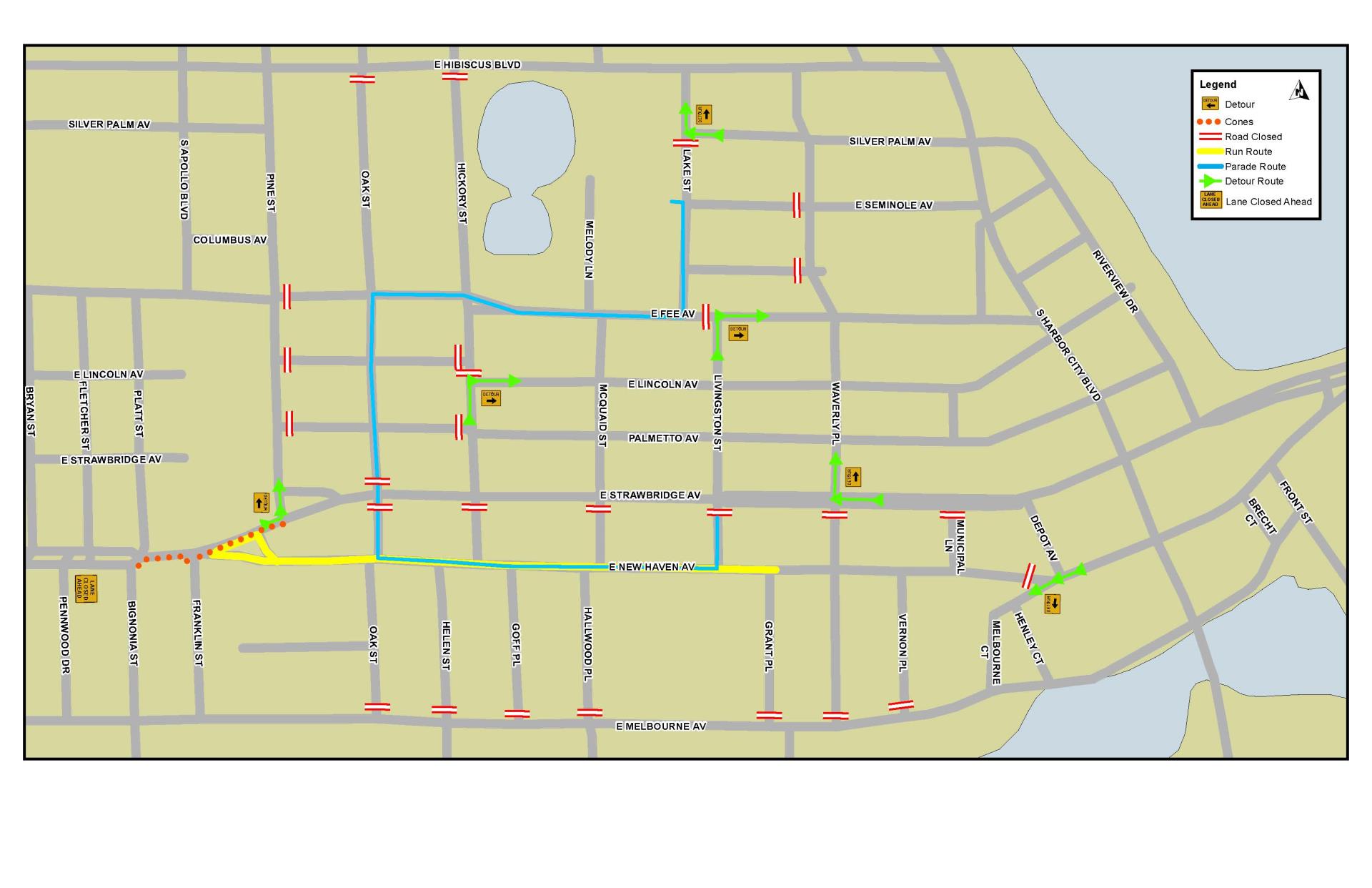 This is a map depicting road closures for the St. Patrick's Shamrock Shuffle 1 Miler and St. Patrick's Parade