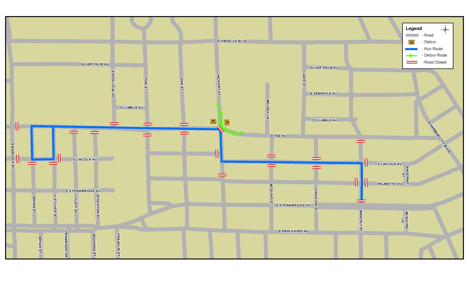 This is a map depicting the road closures for the Pirate Plunder 2 Miler Run