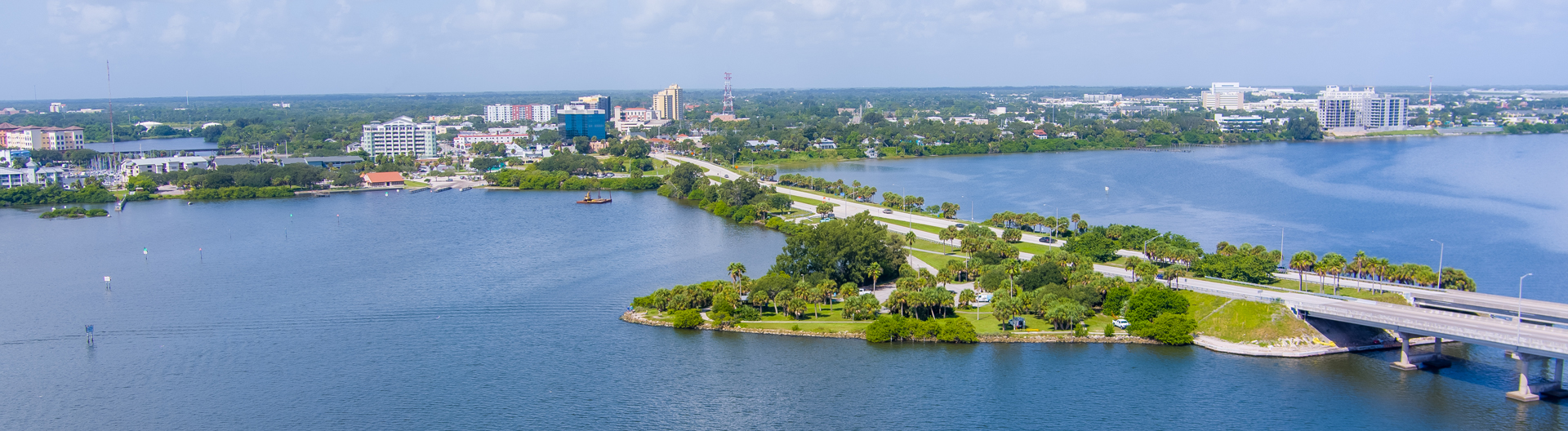Aerial view of Melbourne from the Indian River Lagoon/Melbourne Causeway.