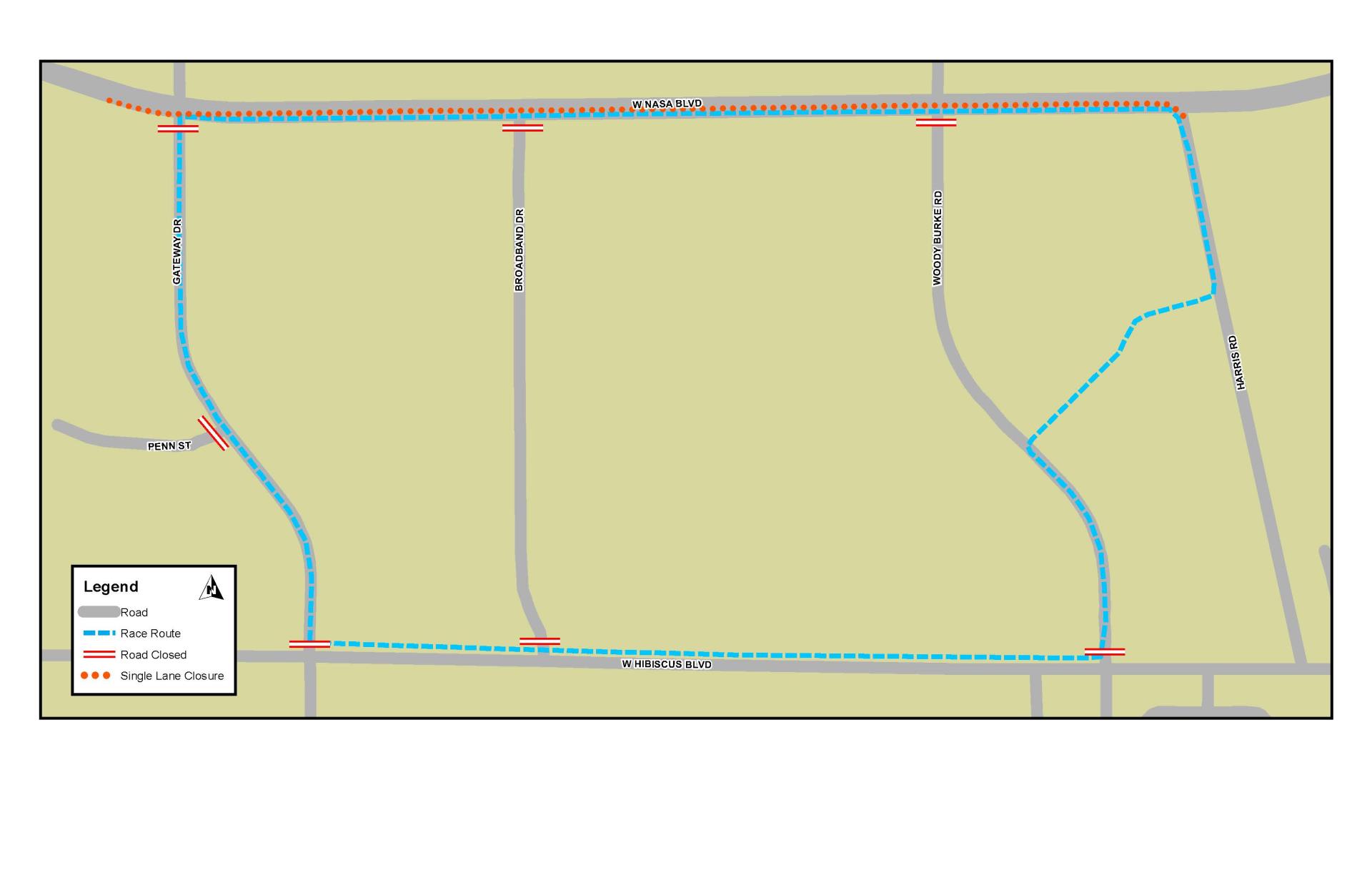 This is a map depicting lane and road closures for the L3Harris 5K Run