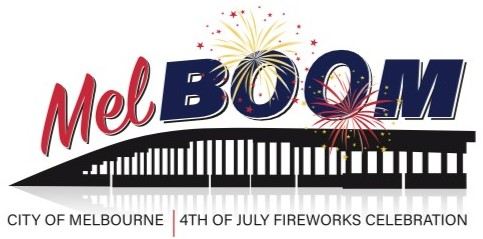 Illustration of the word "MelBOOM" and fireworks over the Melbourne Causeway. Includes text that says "City of Melbourne 4th of July Fireworks Celebration."