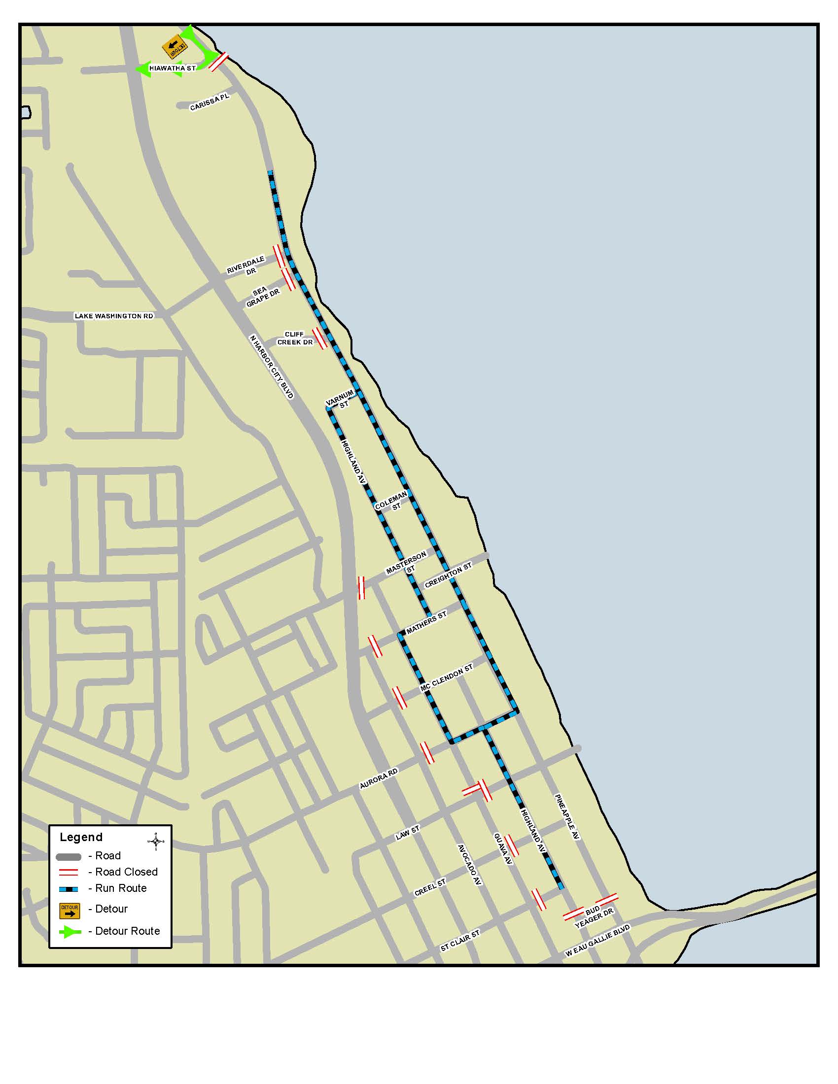 This is a map depicting road closures for the Ghostly Gecko 5K in Downtown Eau Gallie area.