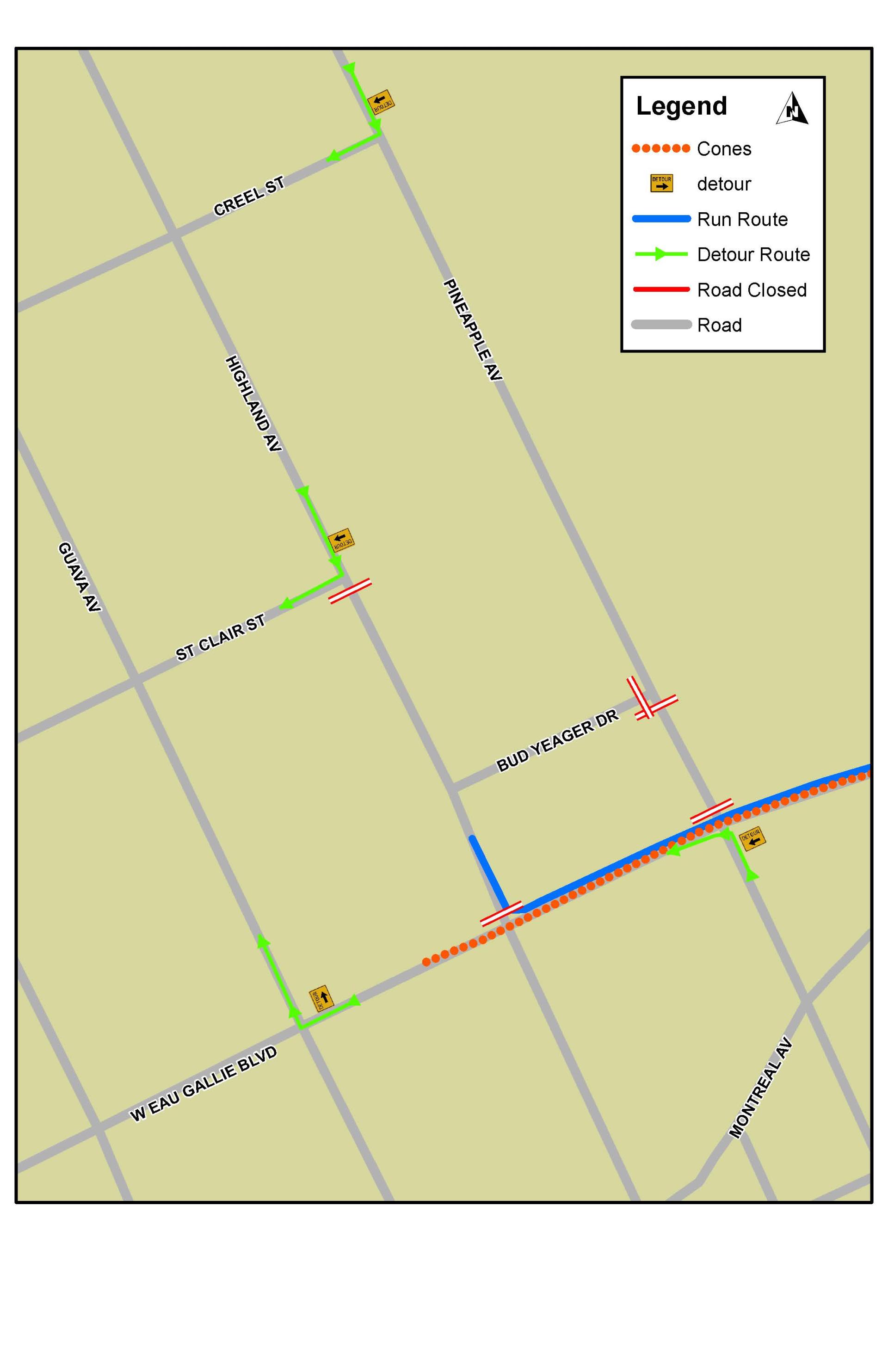 This is a map depicting road closures for the Space Coast Turkey Trot 5K