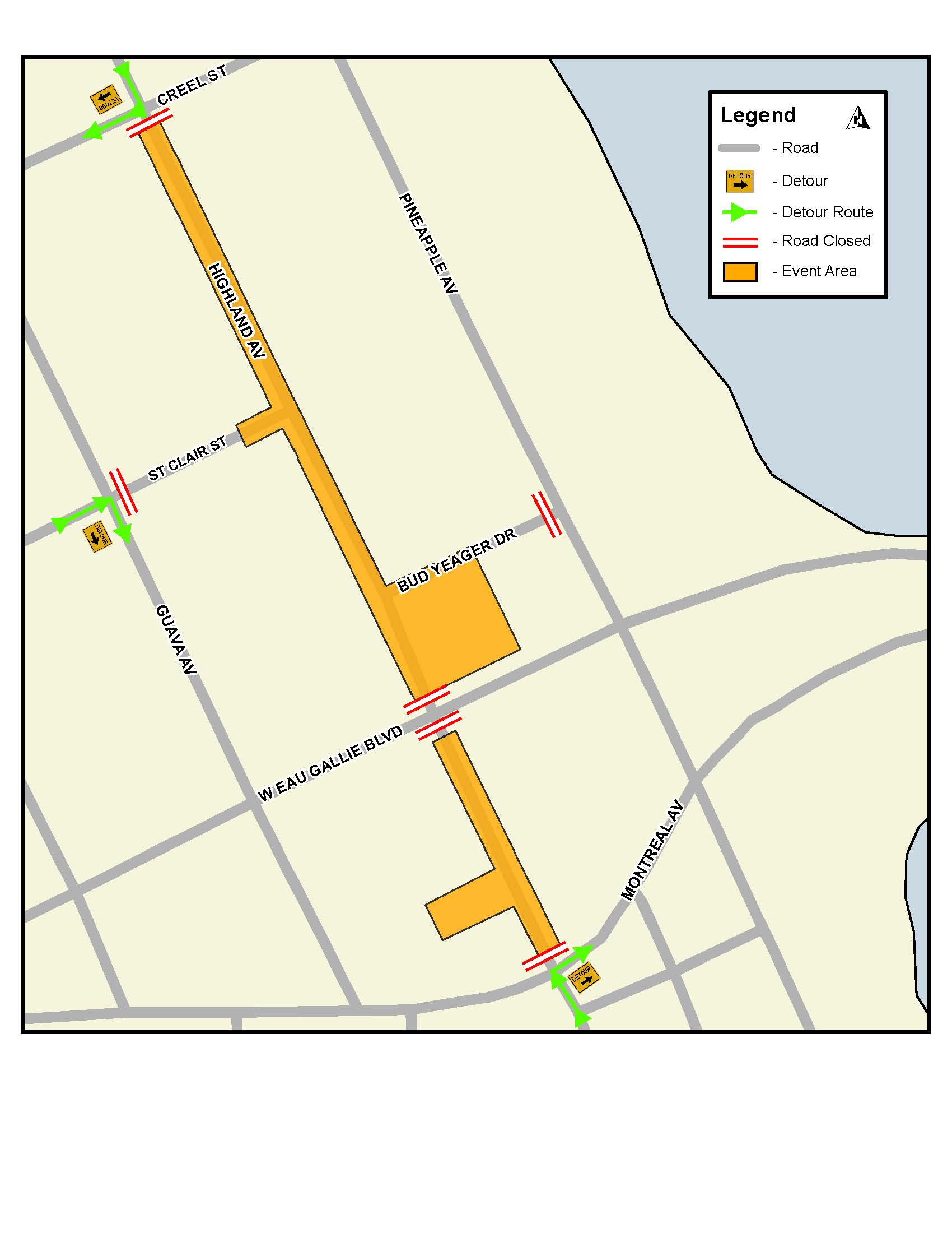 This is a map depicting road closures for the Space Coast Music Festival in Downtown Eau Gallie