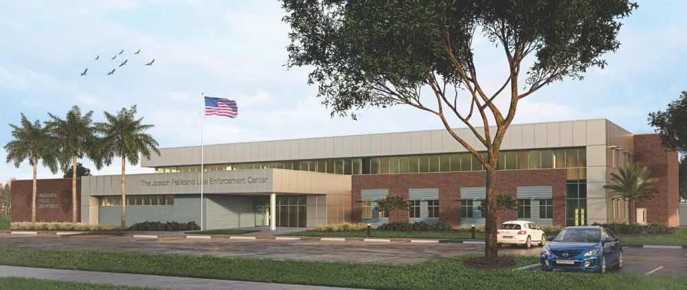 Architectural rendering of the front of the future Melbourne Police Department Joseph Pellicano Law Enforcement Center.