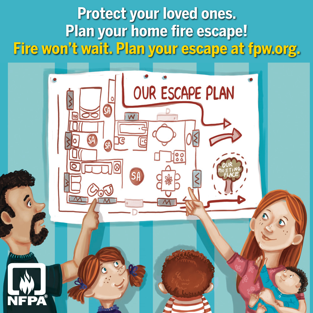 Illustration of a man, woman and two children looking at a fire escape plan with text that says: Protect your loved ones. Fire won't wait. Plan your escape at fpw.org. NFPA logo.