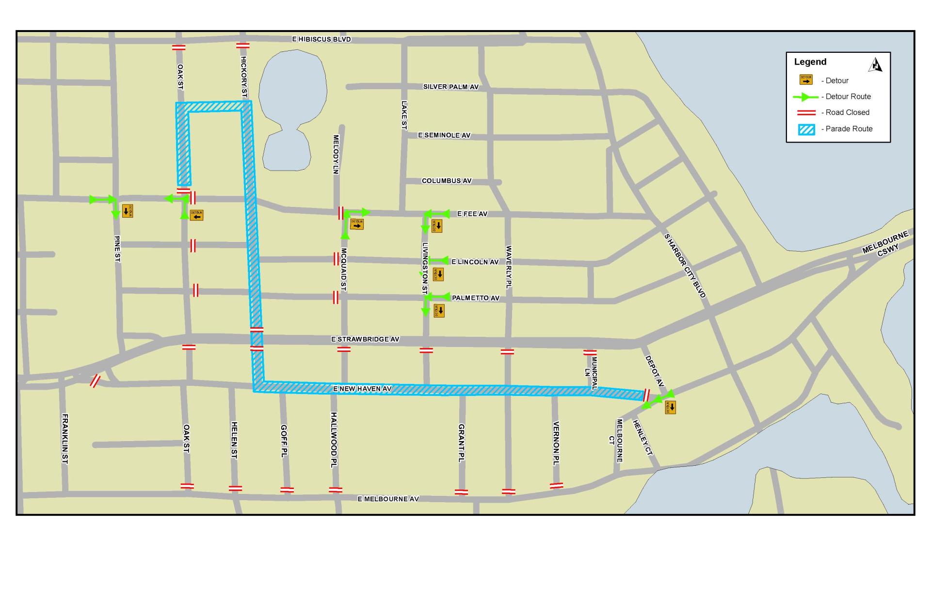 This is a map depicting the road closures for the Veterans Day Parade