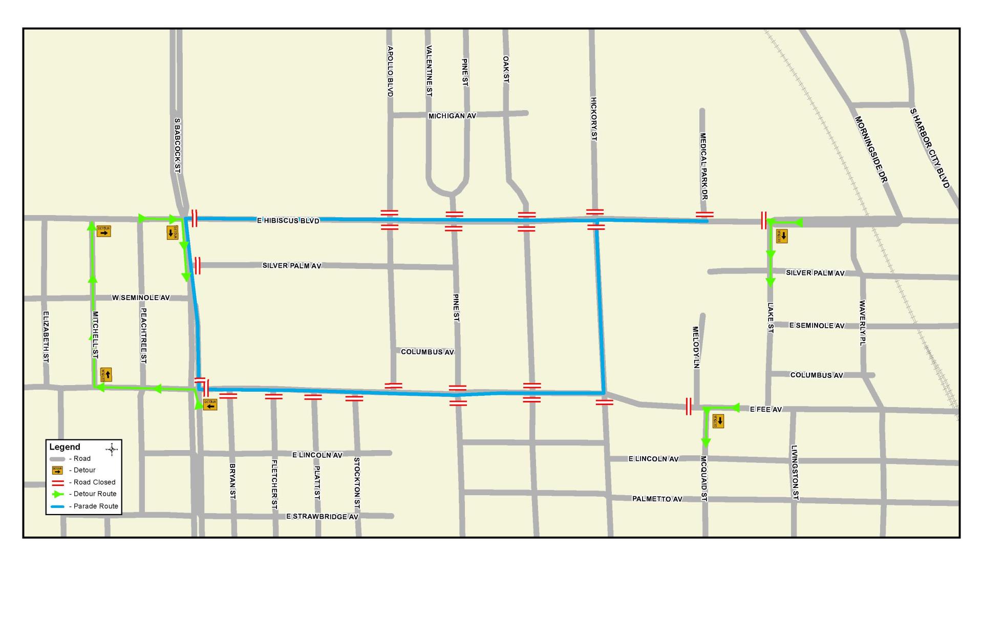 This is a map depicting road closures for the 33rd Annual Christian Christmas Procession