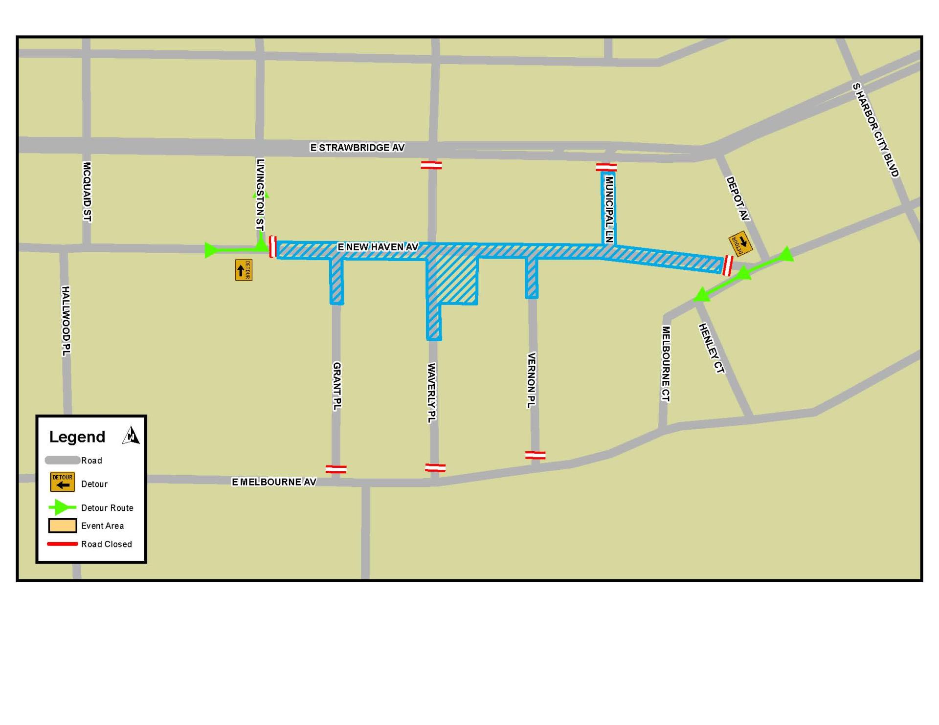 This is a map that depicts the road closures for the St. Patrick's Day Festival in Downtown Melbourne