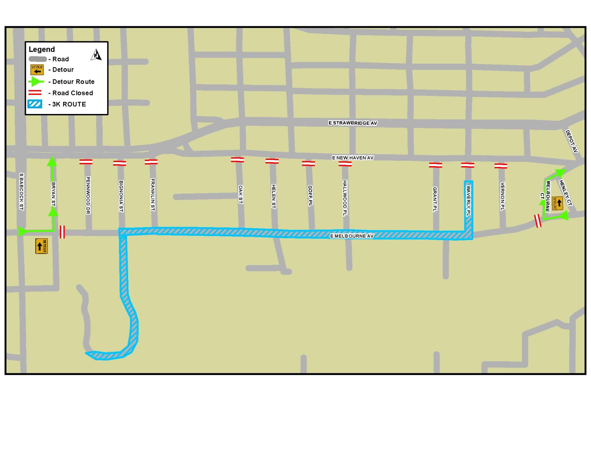 This is a map that depicts the road closures for the Shamrock Shuffle 3K in Downtown Melbourne