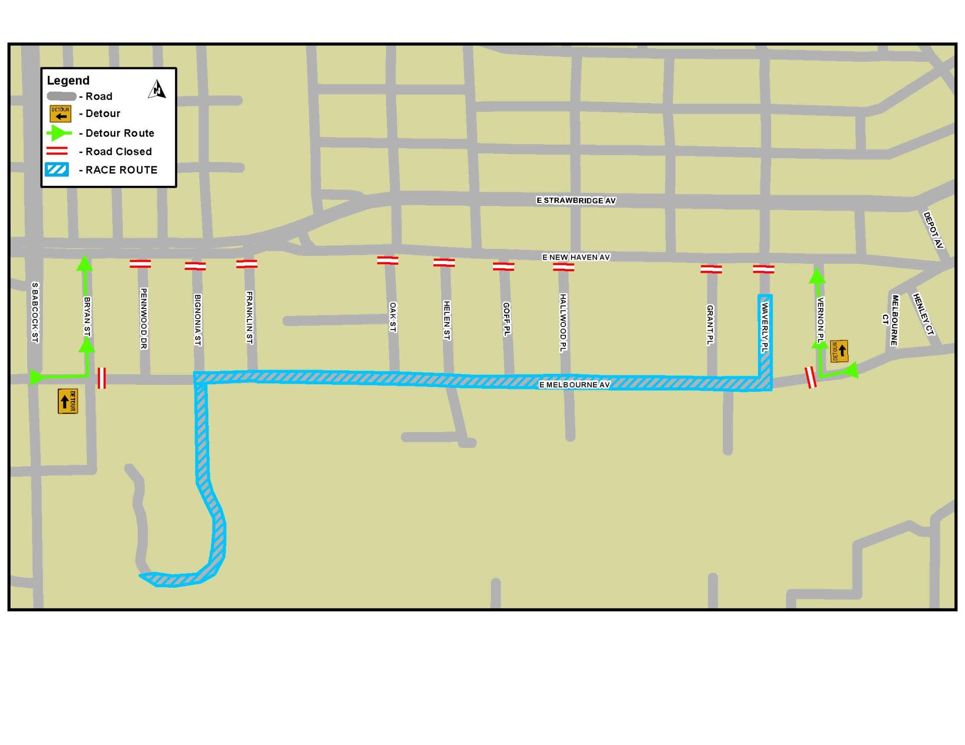 This is a map that depicts the road closures for the Pirate Plunder 2-Miler surrounding Downtown Melbourne