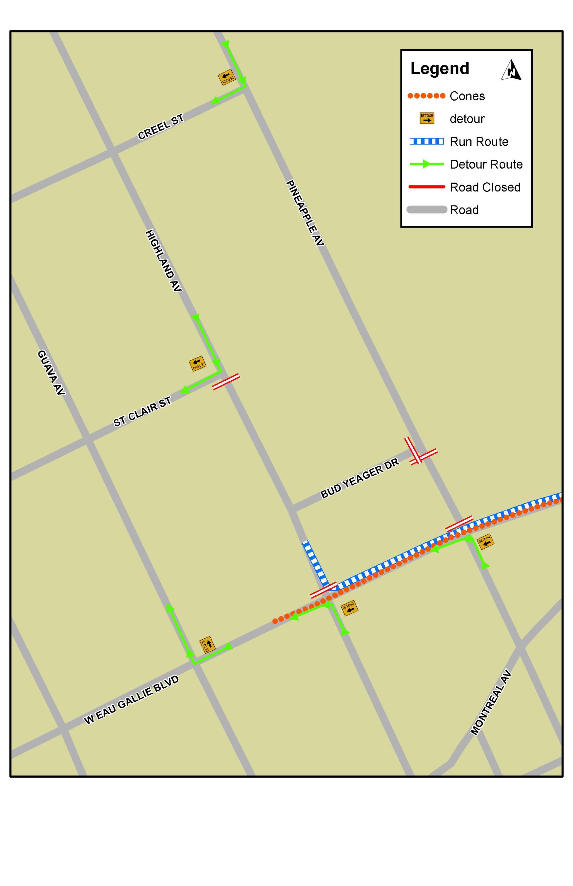 This is a map depicting the road closures for the Firecracker 5K Run