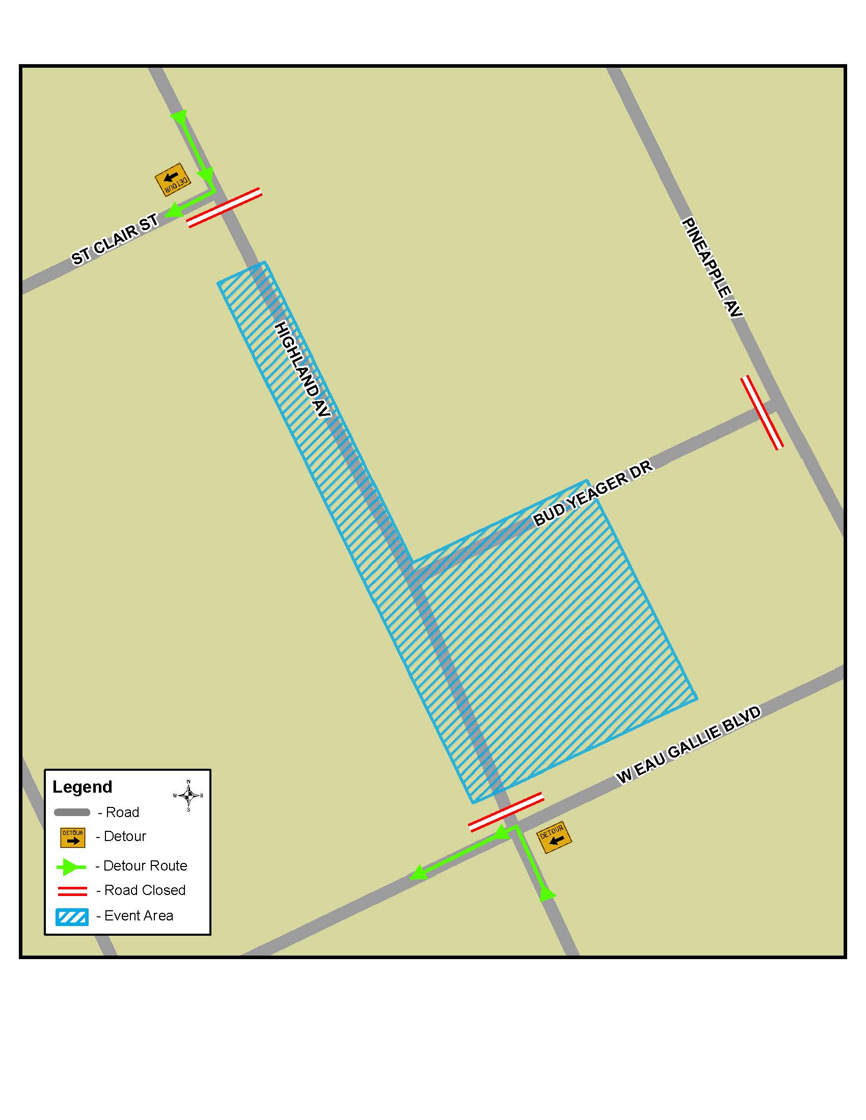 This is a map depicting the road closures for the Rocky Water Brew Fest in Downtown Eau Gallie