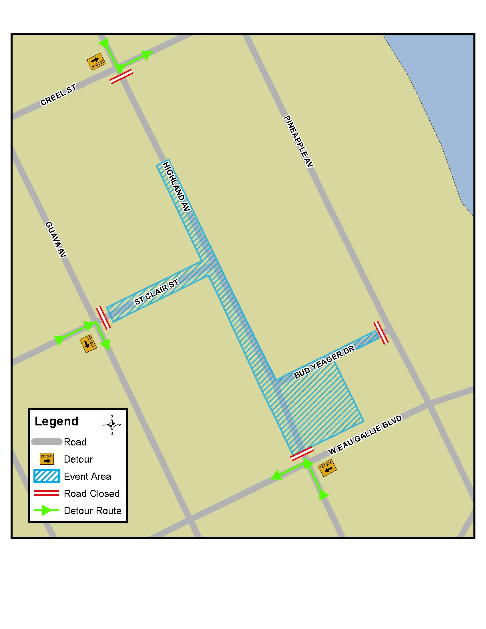 This is a map depicting the road closures in Downtown Eau Gallie for the Artworks of Eau Gallie event
