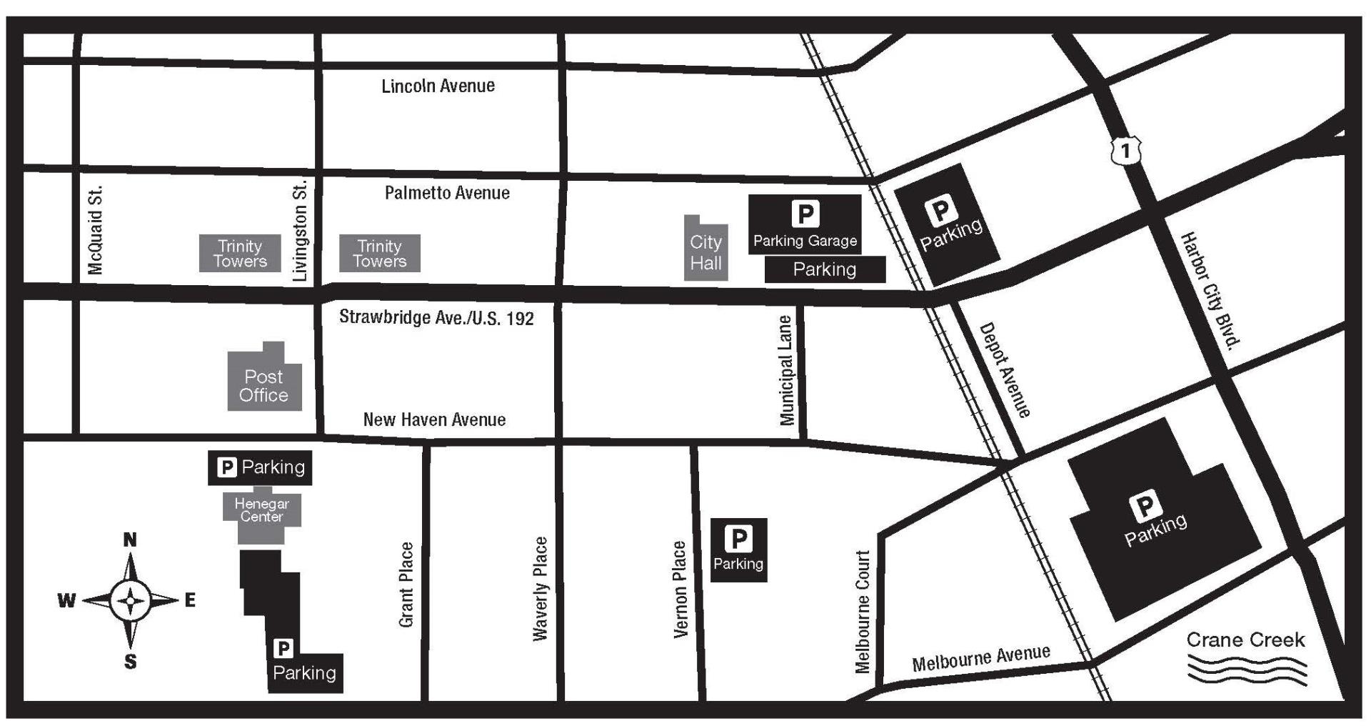 Map showing locations of public parking lots in Downtown Melbourne