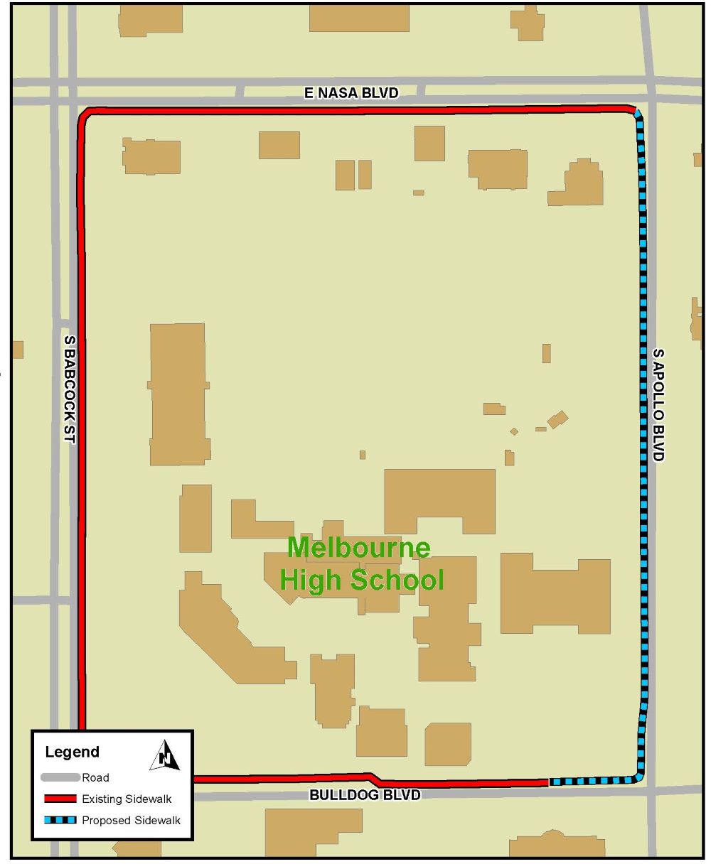 Map showing location of new sidewalk to be added on Apollo Boulevard next to Melbourne High School and where it connects to existing sidewalk around the school