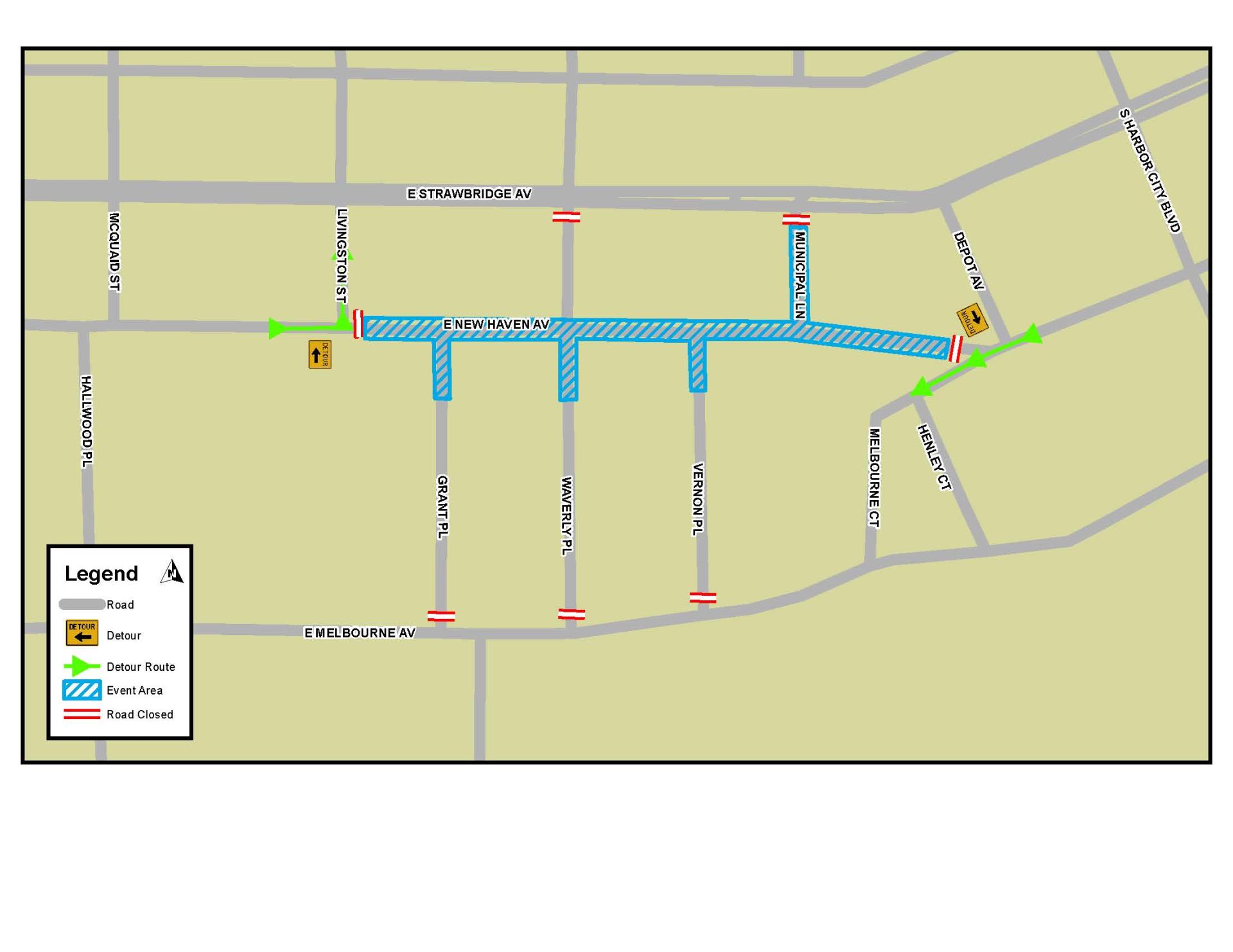 This map depicts the road closures for the St. Patrick's Day Festival in Downtown Melbourne