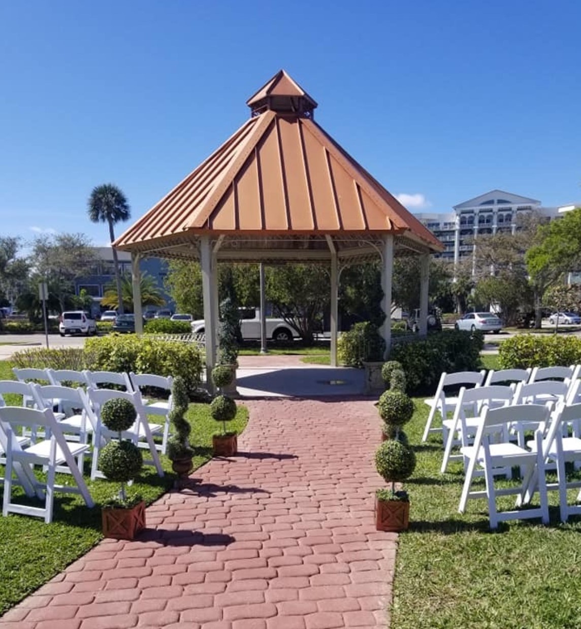 Front Street Park gazebo with chairs set in front for a wedding