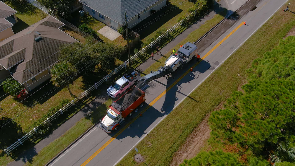 Aerial view of milling work on Pirate Lane