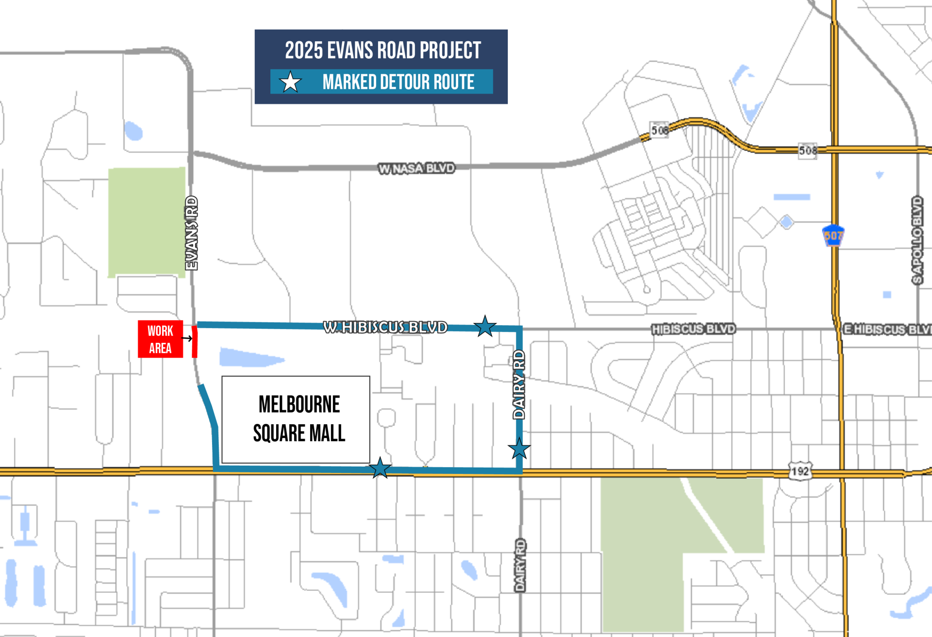 Map showing location of Evans Road project work area south of Hibiscus Blvd. and north of the Melbourne Square Mall. Map shows marked detour route on Evans Road, Hwy. 192, Dairy Rd. and W. Hibiscus Blvd. Map also shows location of NASA Blvd. and Apollo Blvd.