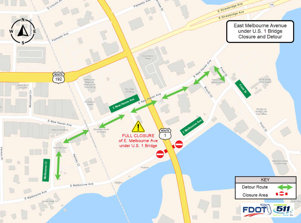Map showing road closure on Melbourne Avenue under the US 1 bridge and detour route on New Haven Avenue